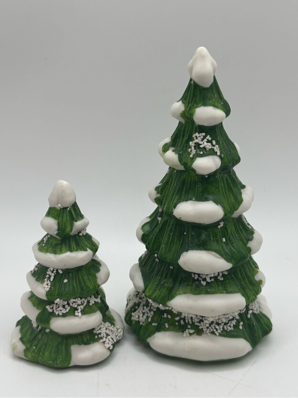 Ceramic Painted Snow Christmas Village Trees Figurines Set of 2